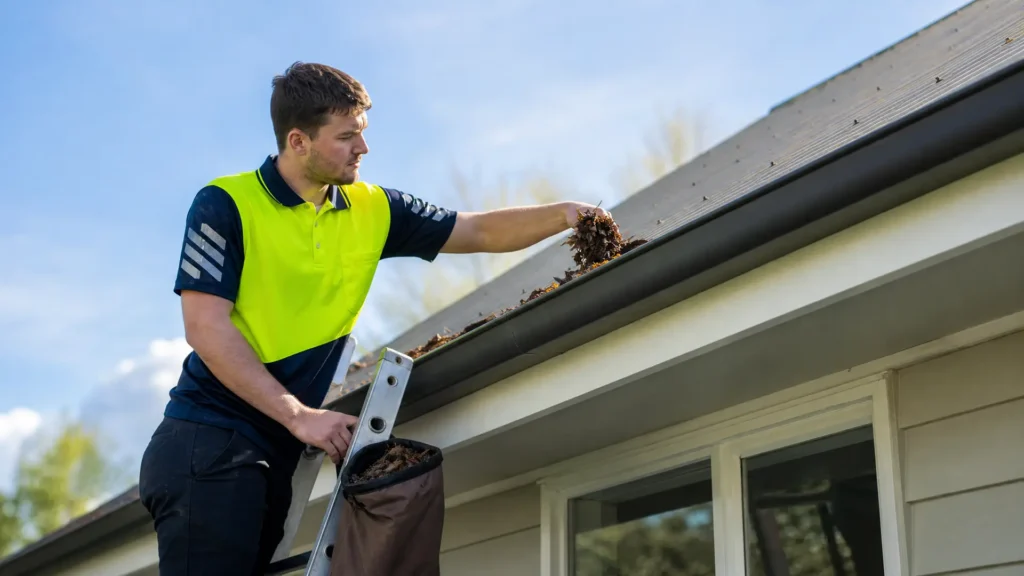 A Genie Clean team member clearing leaves and debris from a gutter on a Christchurch home.
